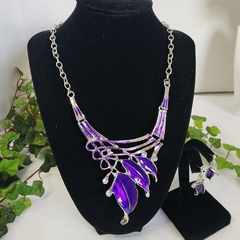 Silver with Purple Enamel Inlay Crystal Necklace Earrings Set